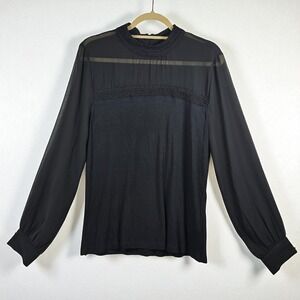 Lauren Ralph Lauren Black Sheer Long‎ Sleeve Top Woman Large Beaded Mock Neck